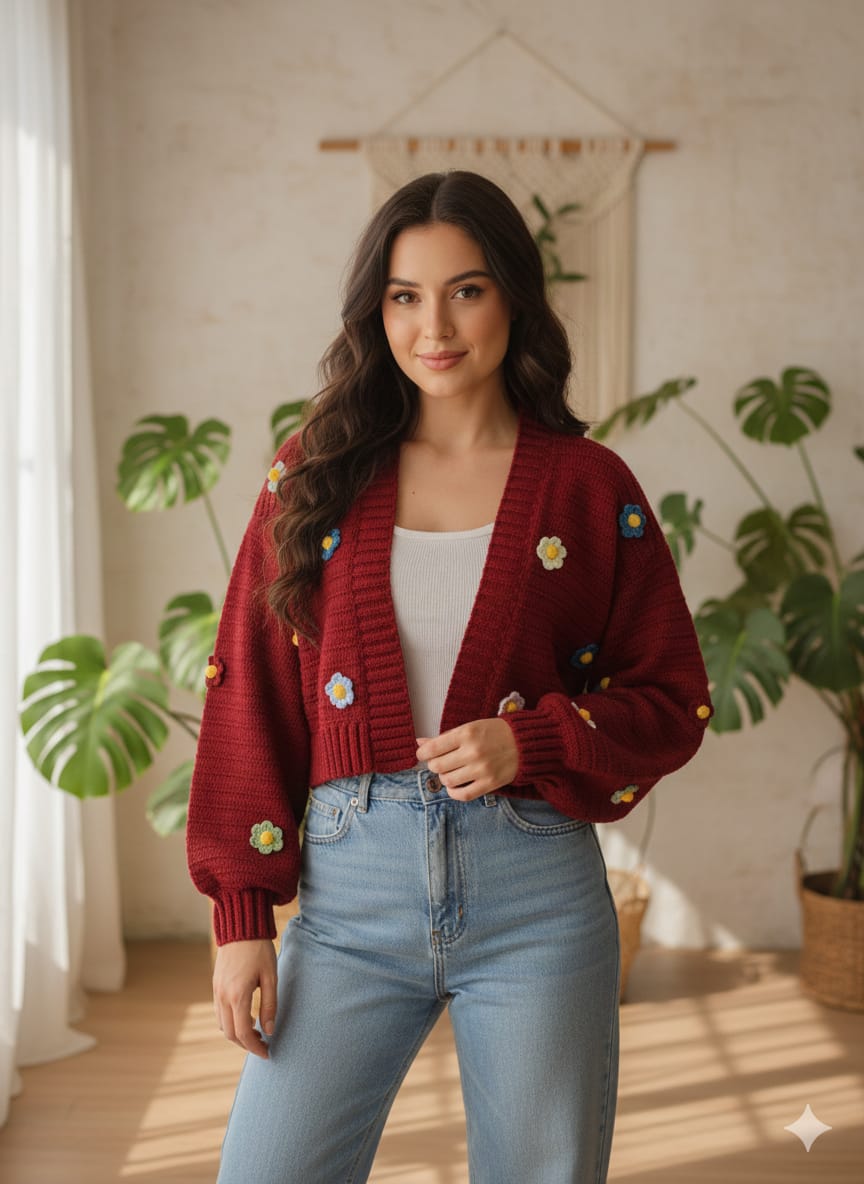 Floral Crochet Cropped Cardigan
