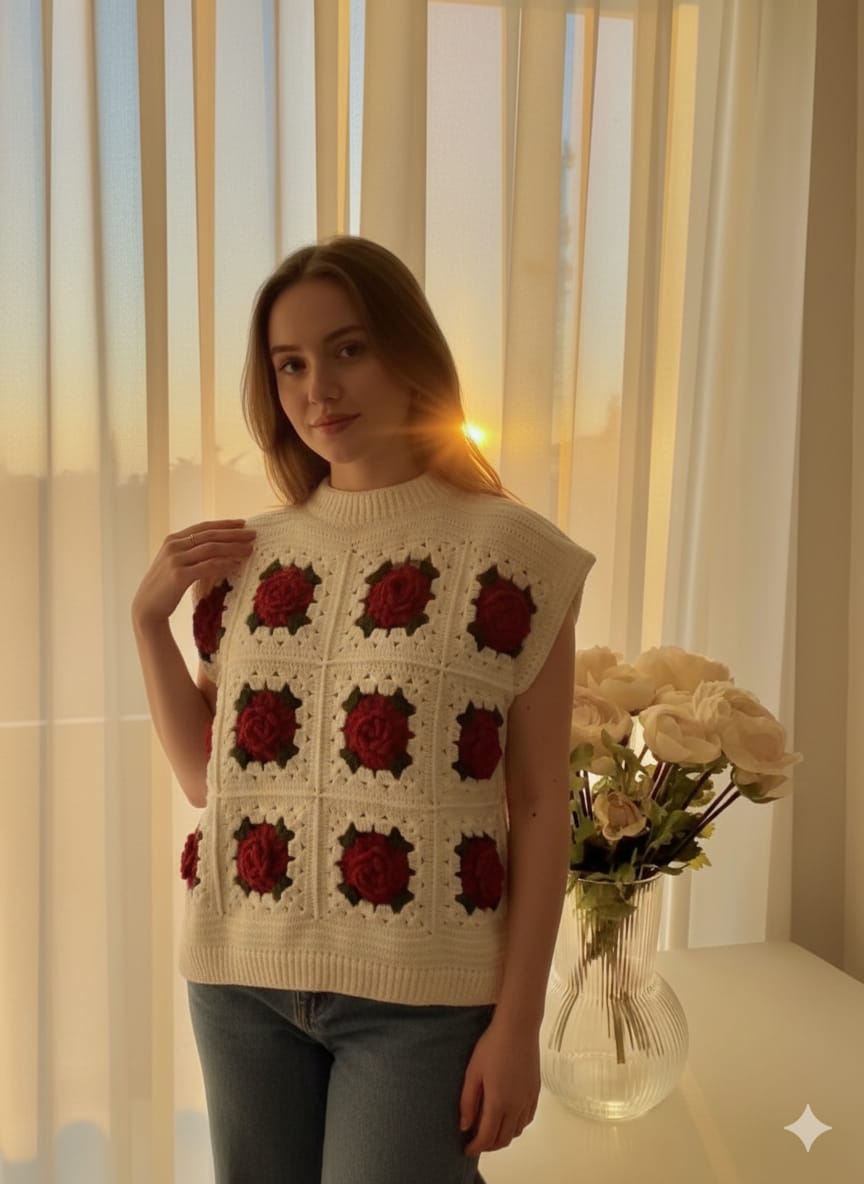 Rose Granny Square Crochet Vest