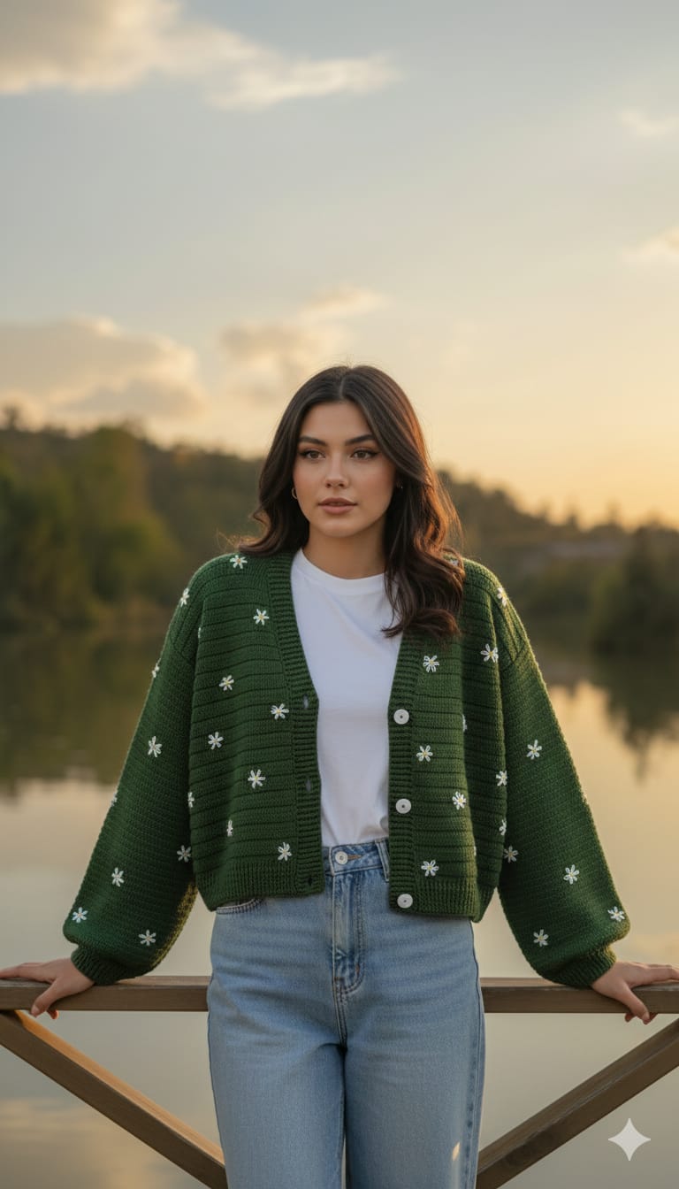 Daisy Embroidery Crochet Cardigan
