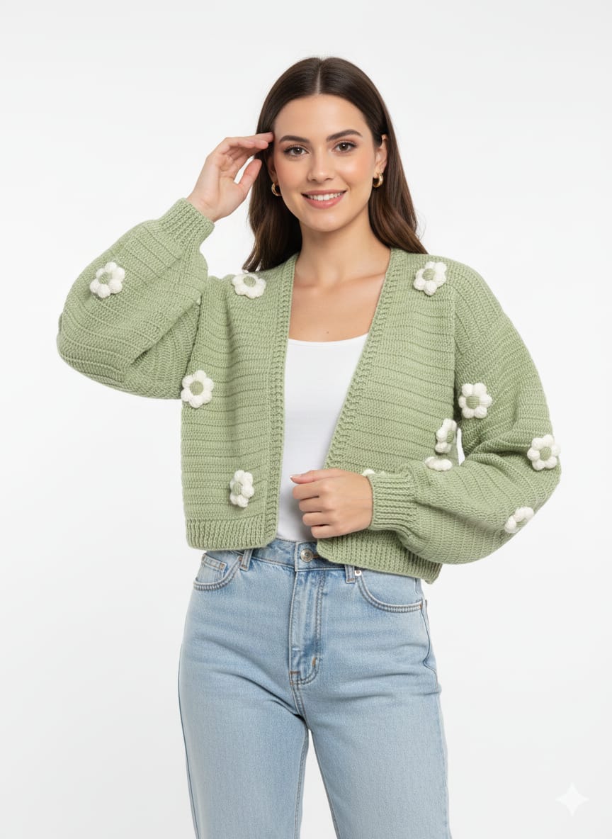 Crochet Floral Crop Cardigan in Daisy Flowers