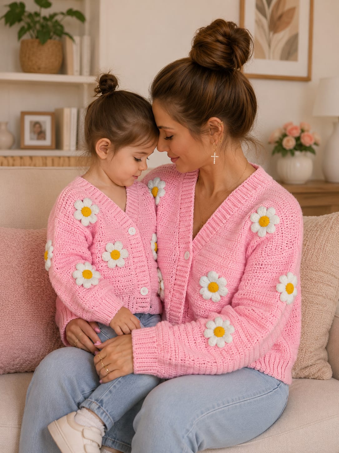 Mom & Daughter Matching Pink Daisy Crochet Cardigan