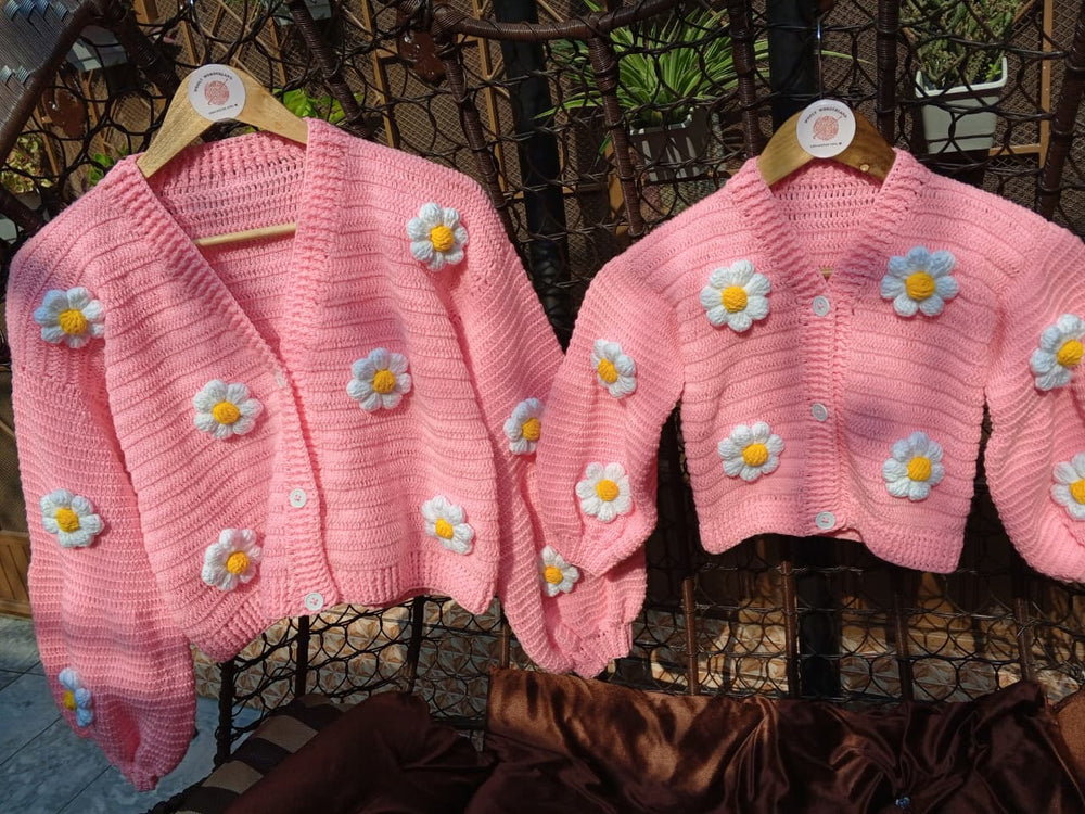 Mom & Daughter Matching Pink Daisy Crochet Cardigan
