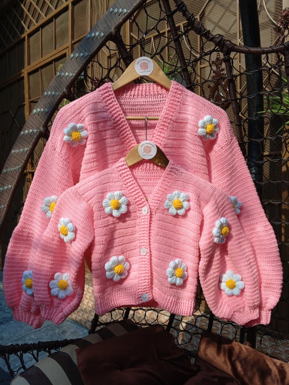 Mom & Daughter Matching Pink Daisy Crochet Cardigan