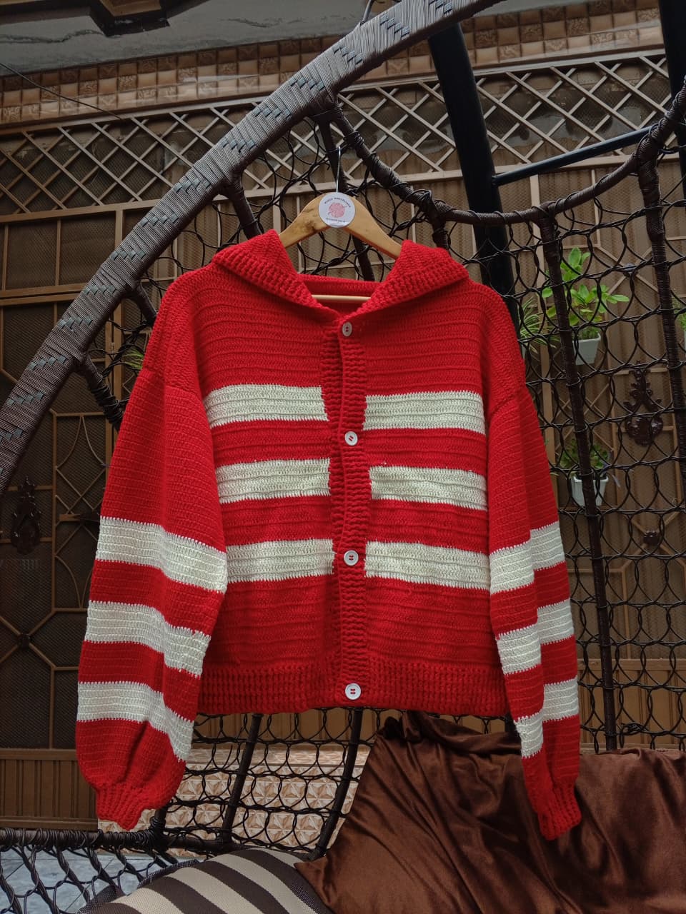 Red Stripe Crochet Cardigan