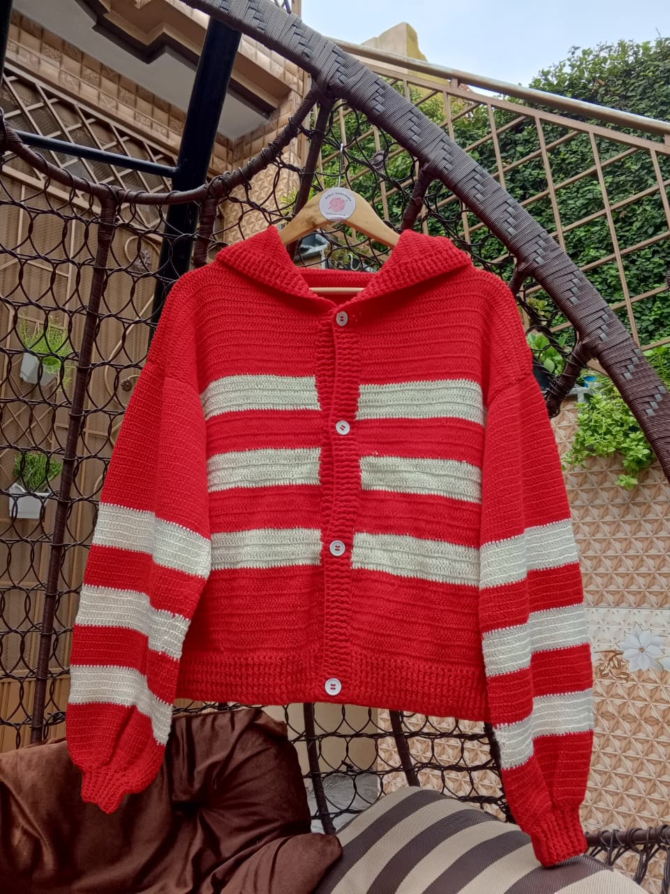 Red Stripe Crochet Cardigan