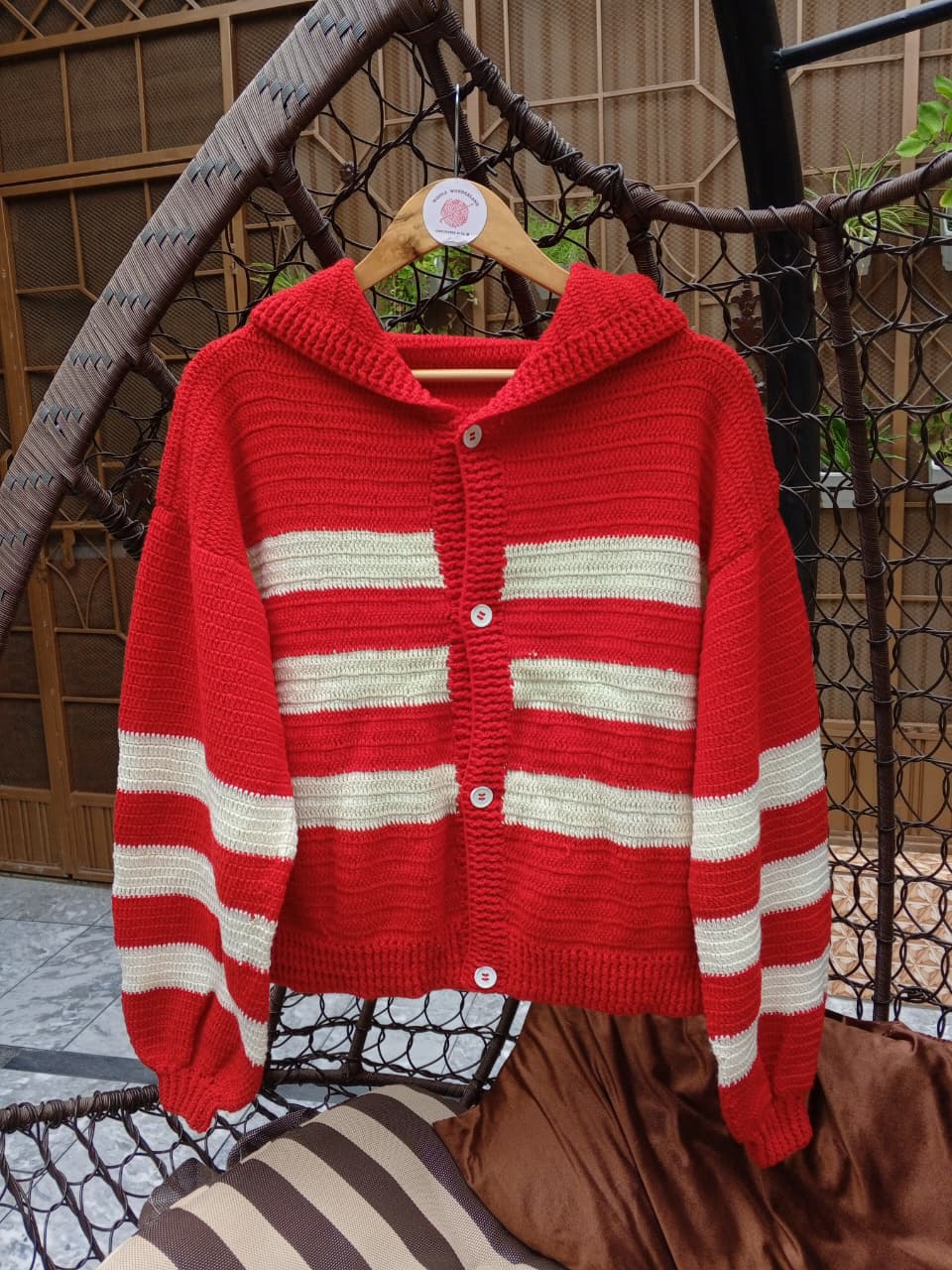 Red Stripe Crochet Cardigan